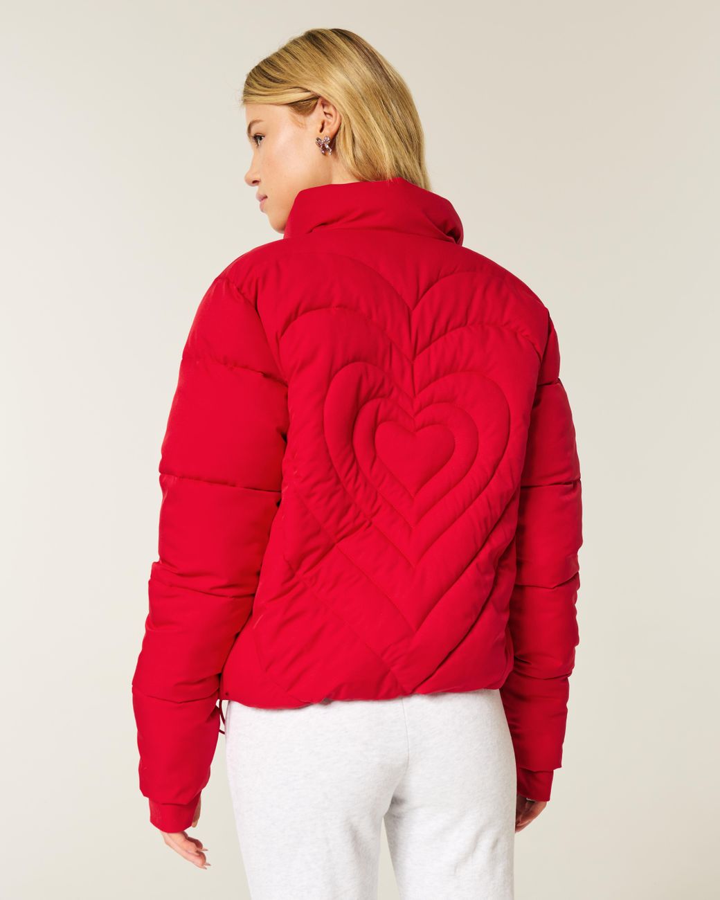 Hollister Red Zip-up Pattern Puffer Jacket