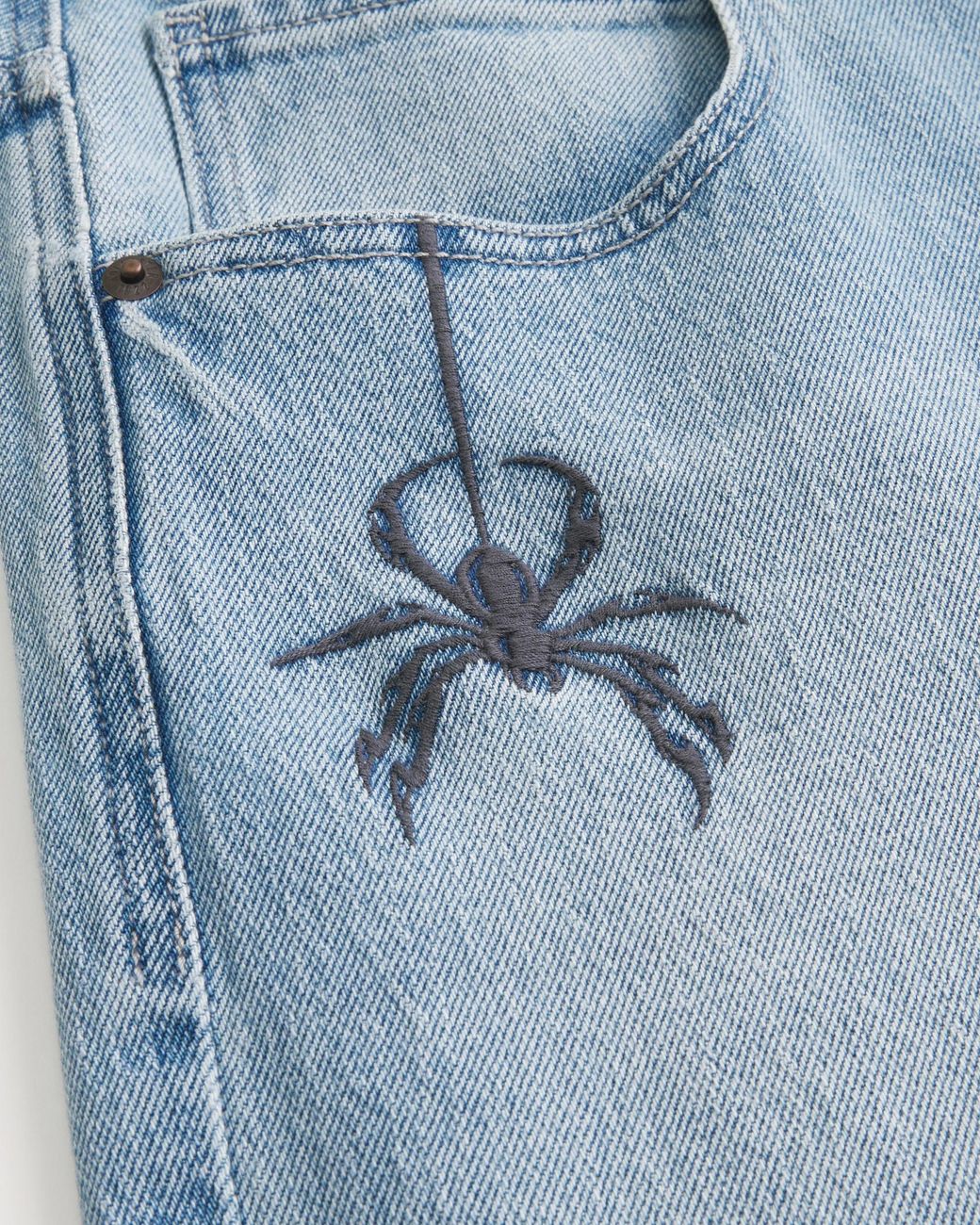 Hollister Blue Light Wash Spider Embroidery Super Baggy Jeans for men