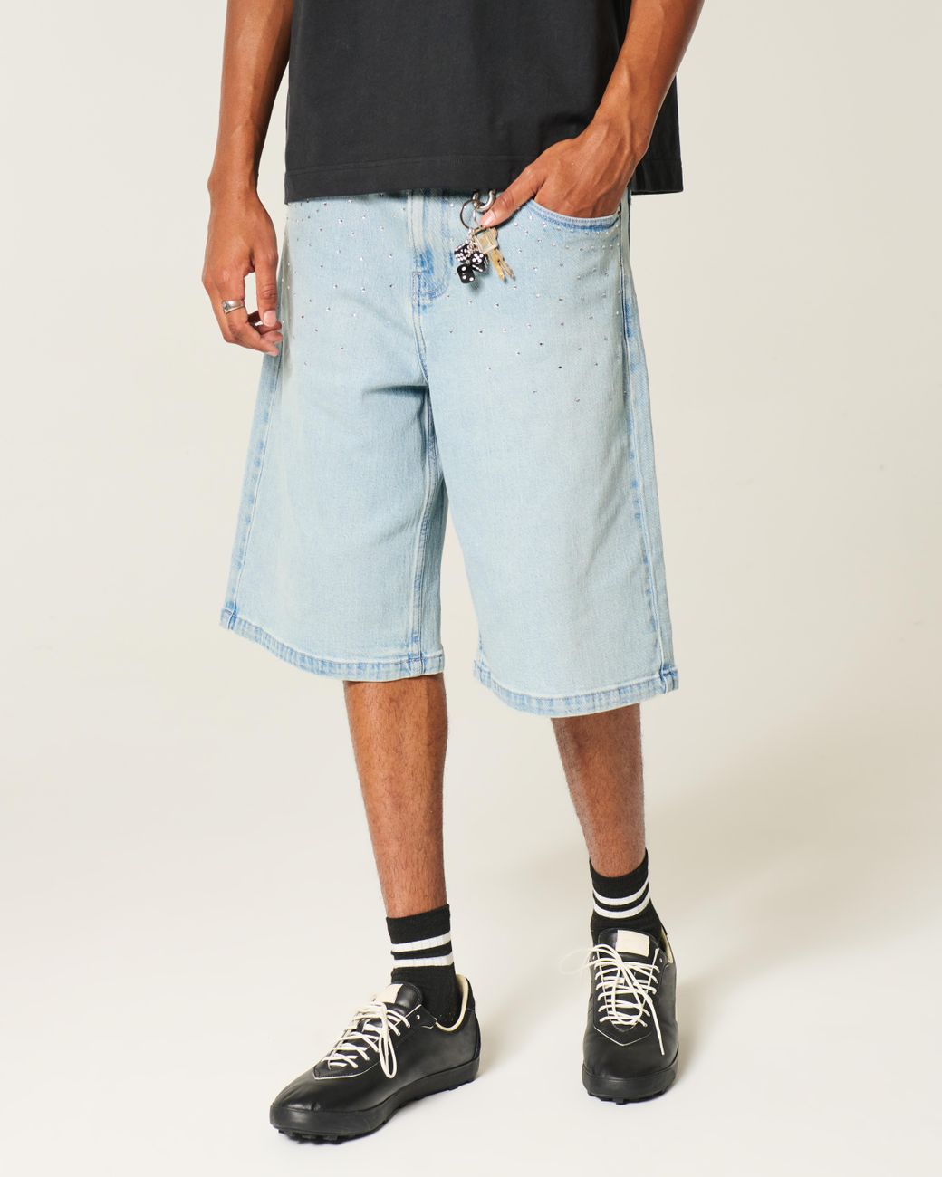 Hollister Blue Light Wash Embellished Super Baggy Denim Shorts for men