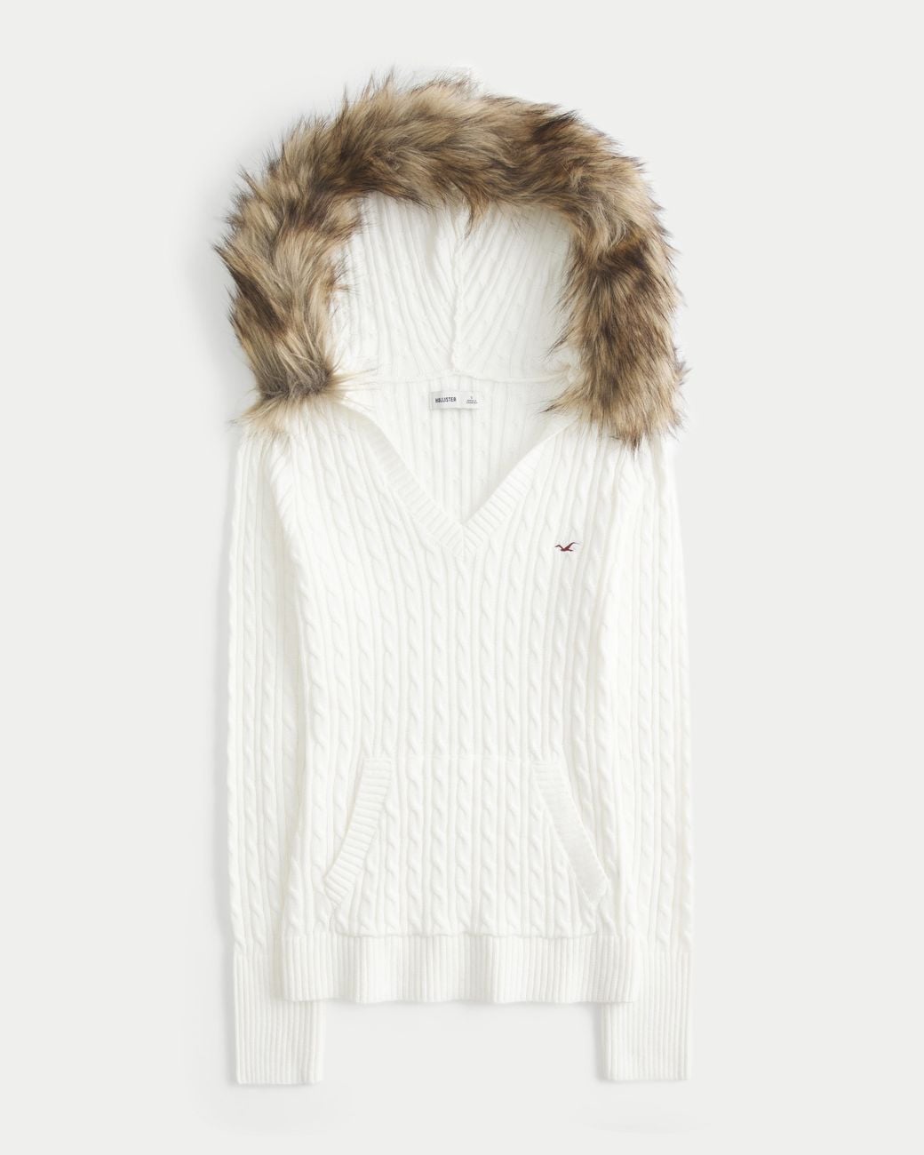 Hollister White Faux Fur Trim Hooded Cable-knit Sweater