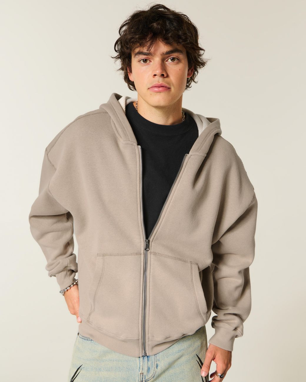 Hollister Gray Boxy Thermal-lined Zip-up Hoodie for men