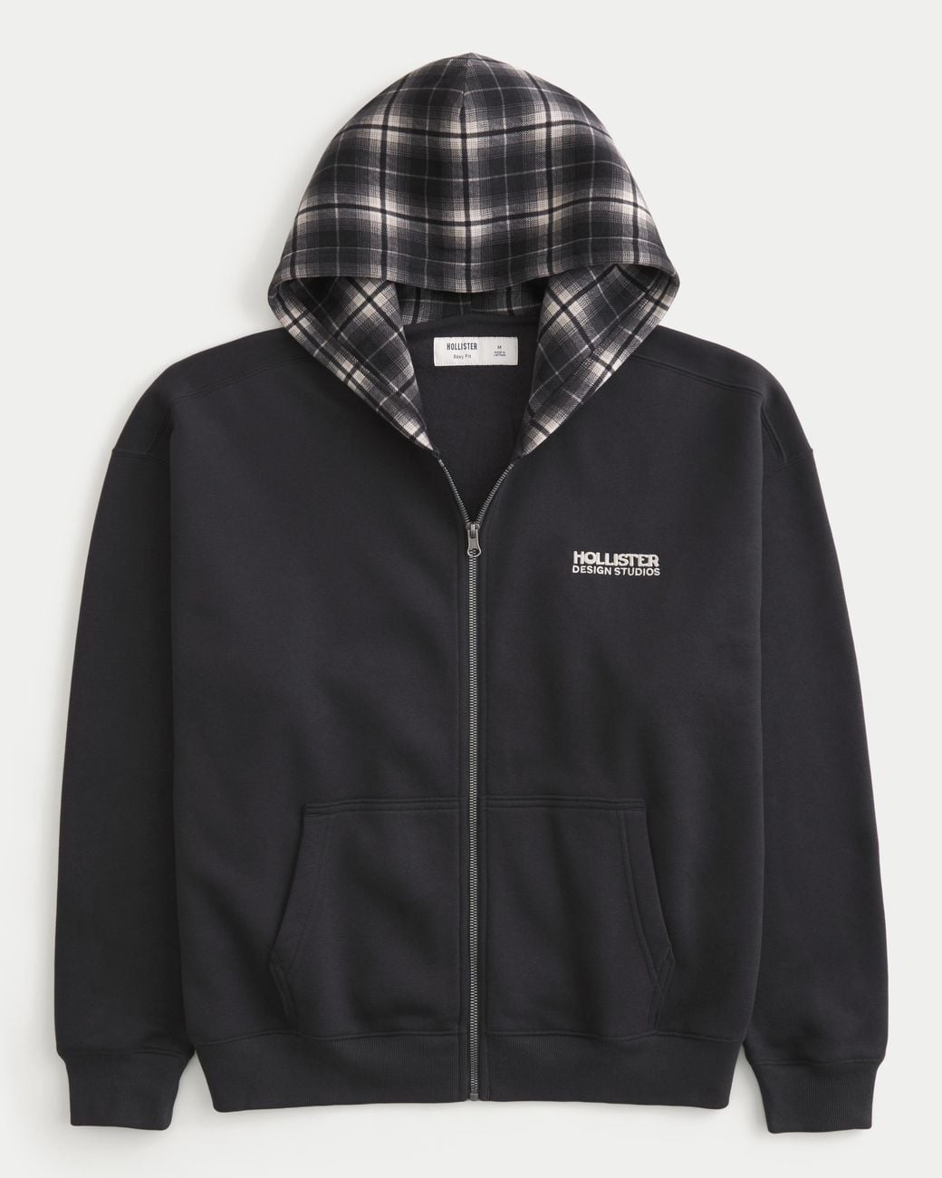 Hollister Black Boxy Zip-up Plaid Hood Logo Hoodie for men