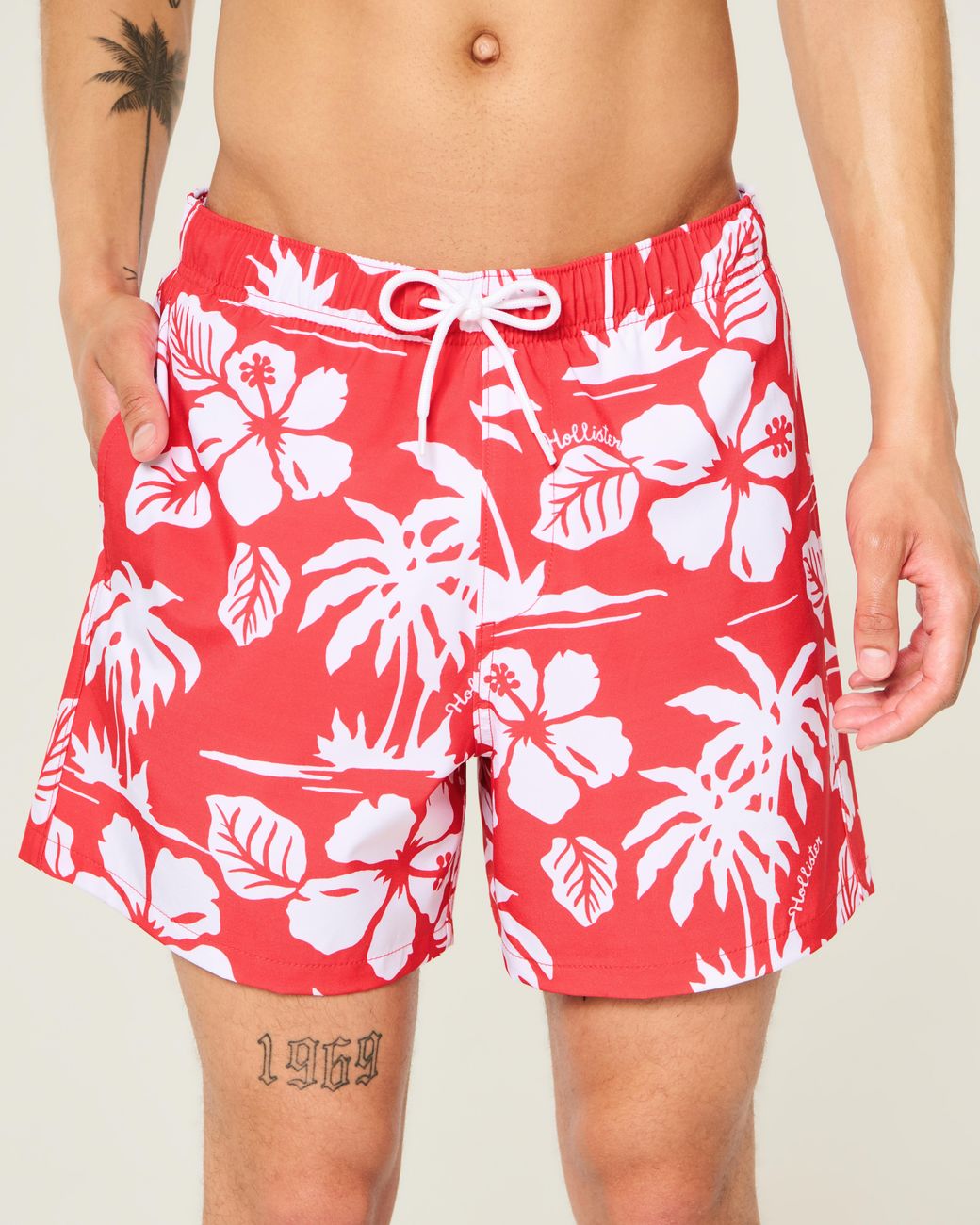 Hollister Red Mid-thigh Swim Trunks for men