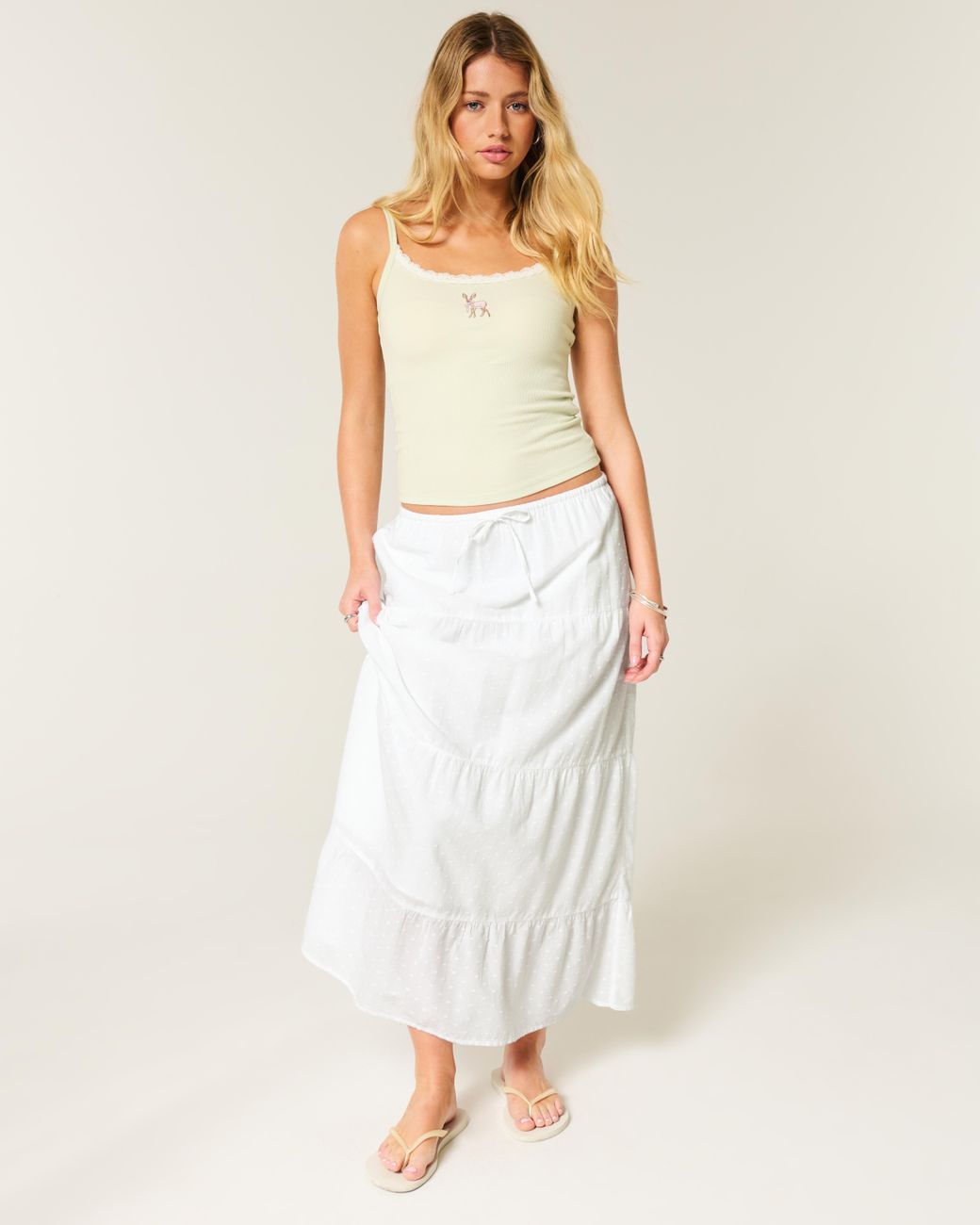 Hollister White Clip Dot Tiered Maxi Skirt