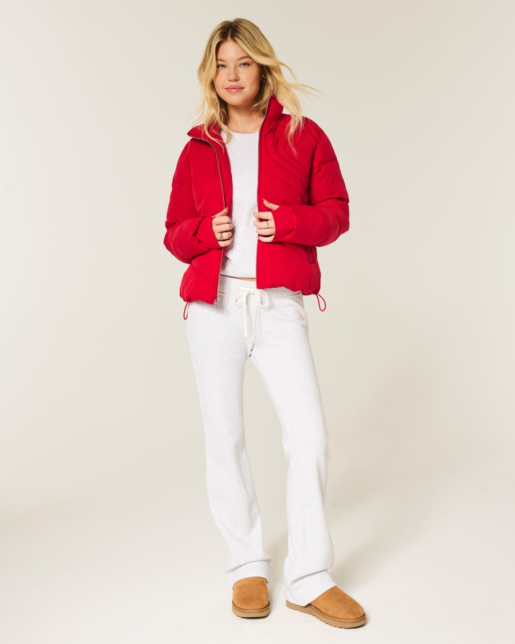 Hollister Red Zip-up Pattern Puffer Jacket
