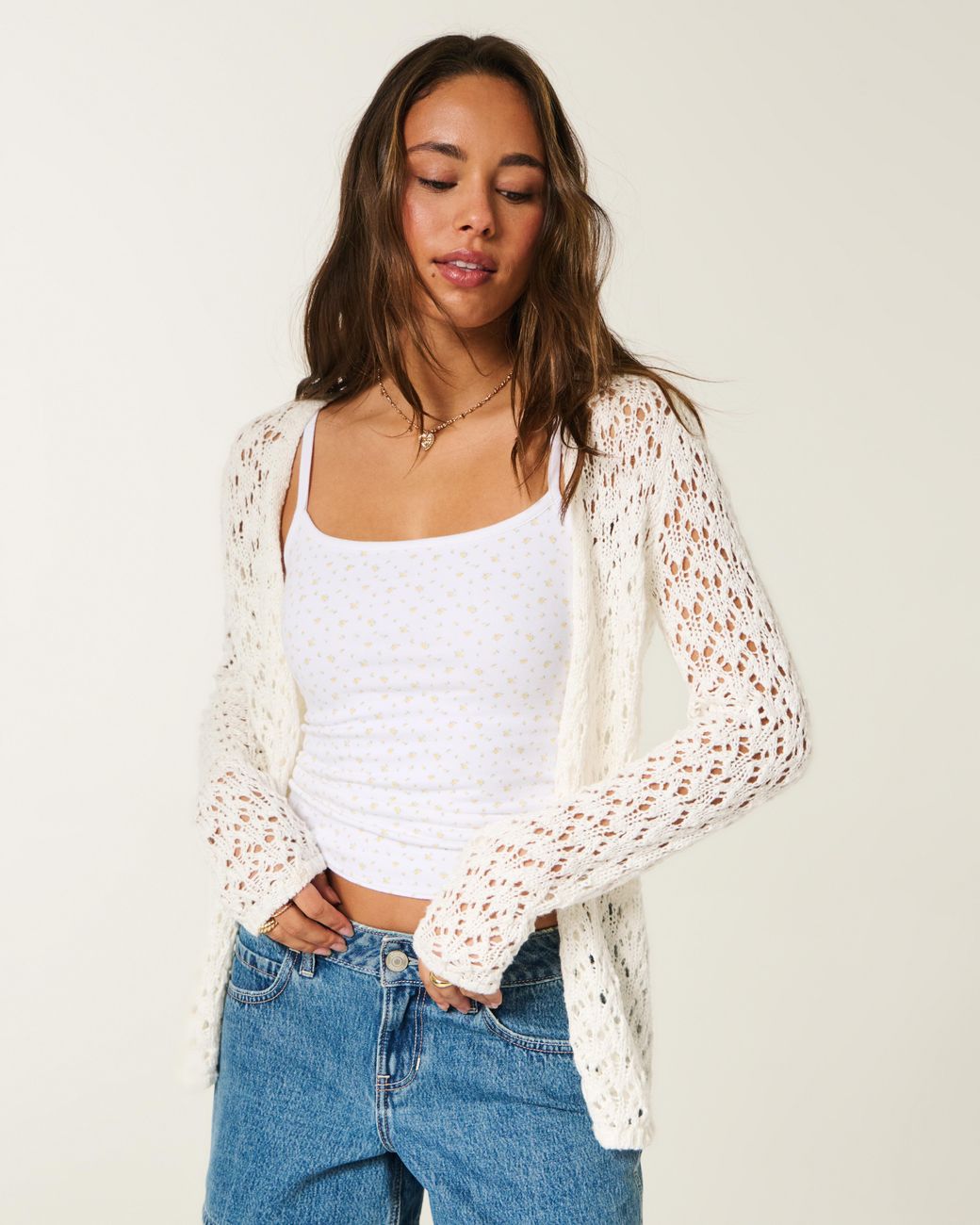 Hollister White Open-stitch No-close Cardigan