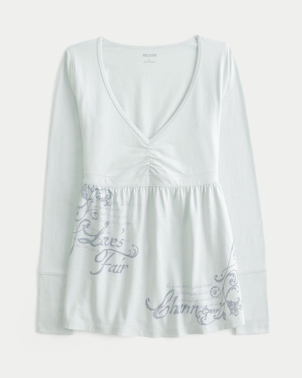 Hollister White Long-sleeve Pinch Bust Graphic Babydoll Top