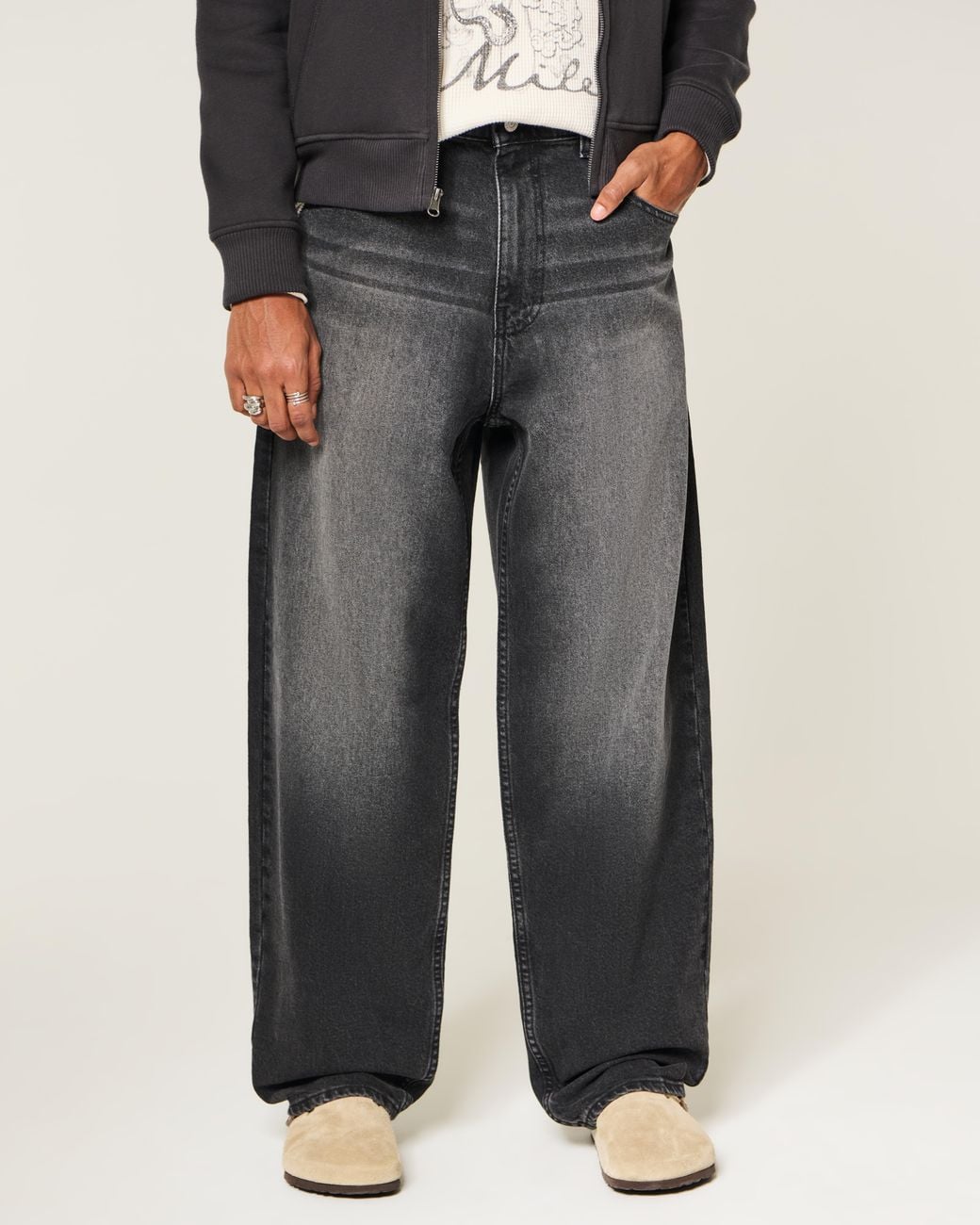 Hollister Gray Washed Black Graphic Skater Baggy Jeans for men