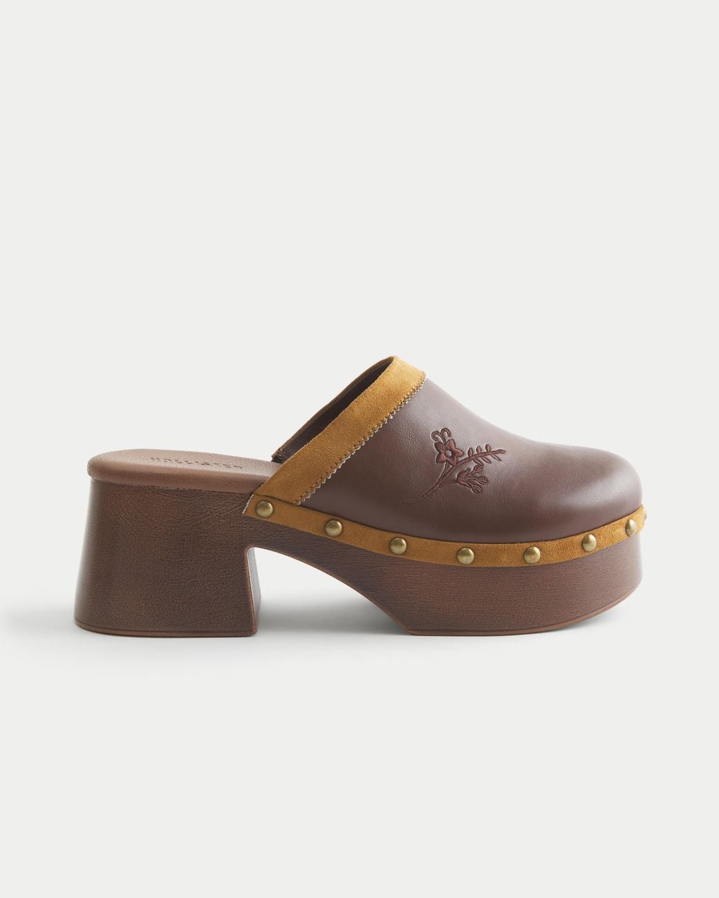 Hollister Brown Embroidered Platform Clogs
