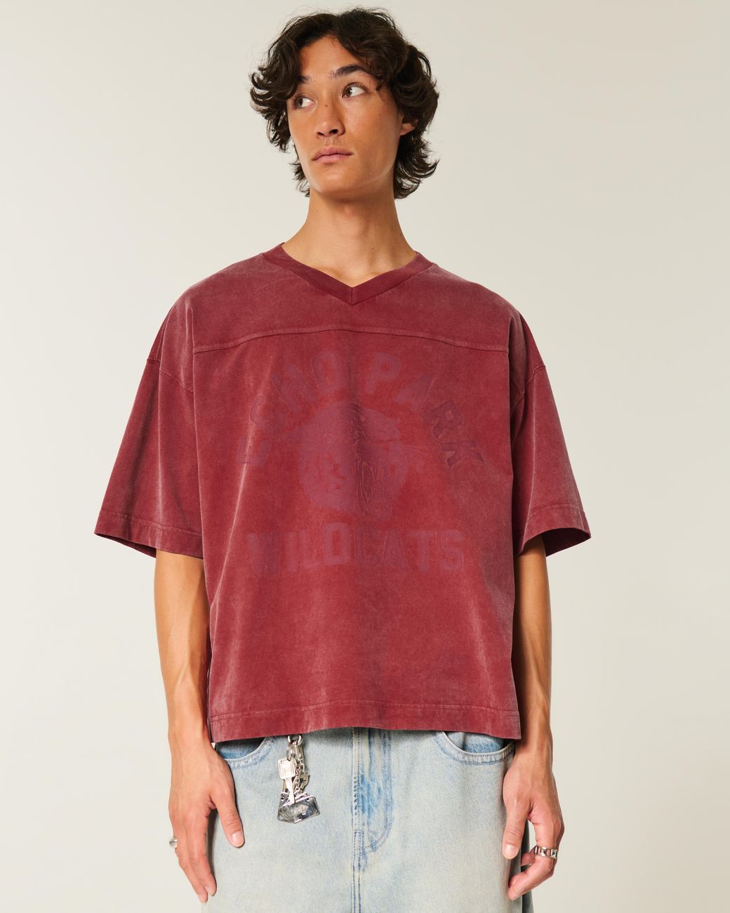 Hollister Red Heavyweight Baggy Crop Varsity Graphic Football Tee for men