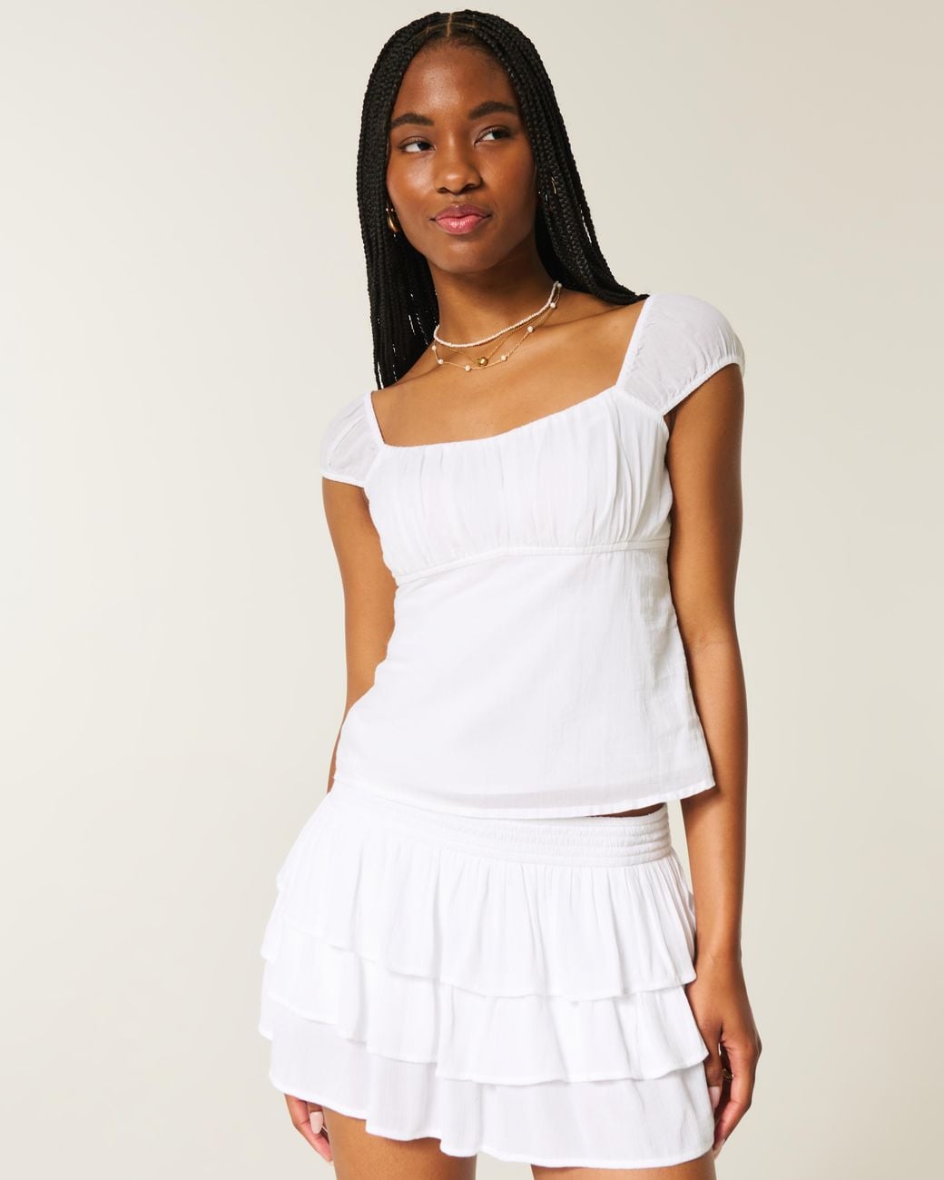 Hollister White Ruched Babydoll Top