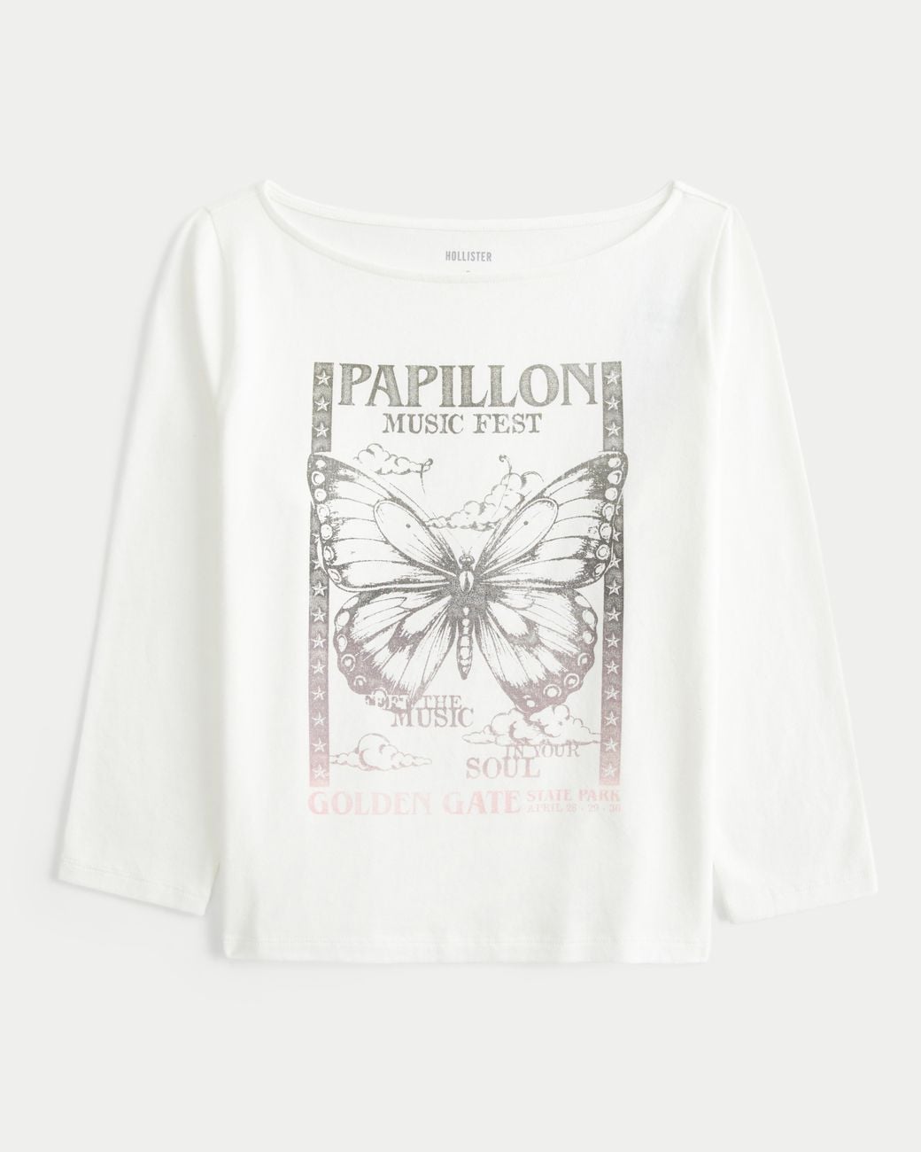 Hollister White Slash-neck Papillon Music Fest Graphic Tee