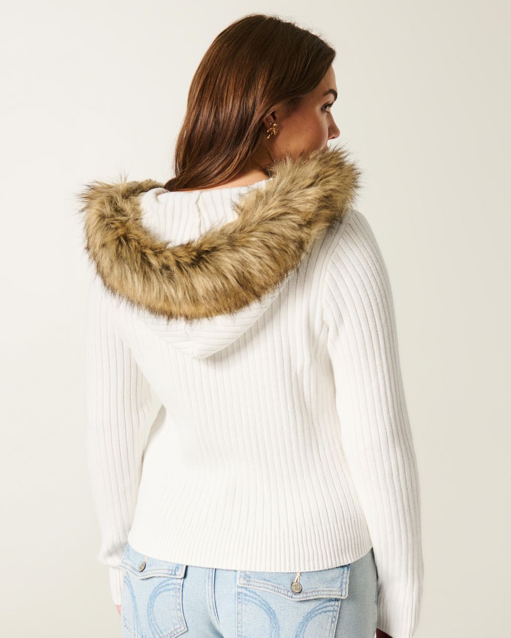 Hollister White Hooded Faux Fur Trim Cardigan