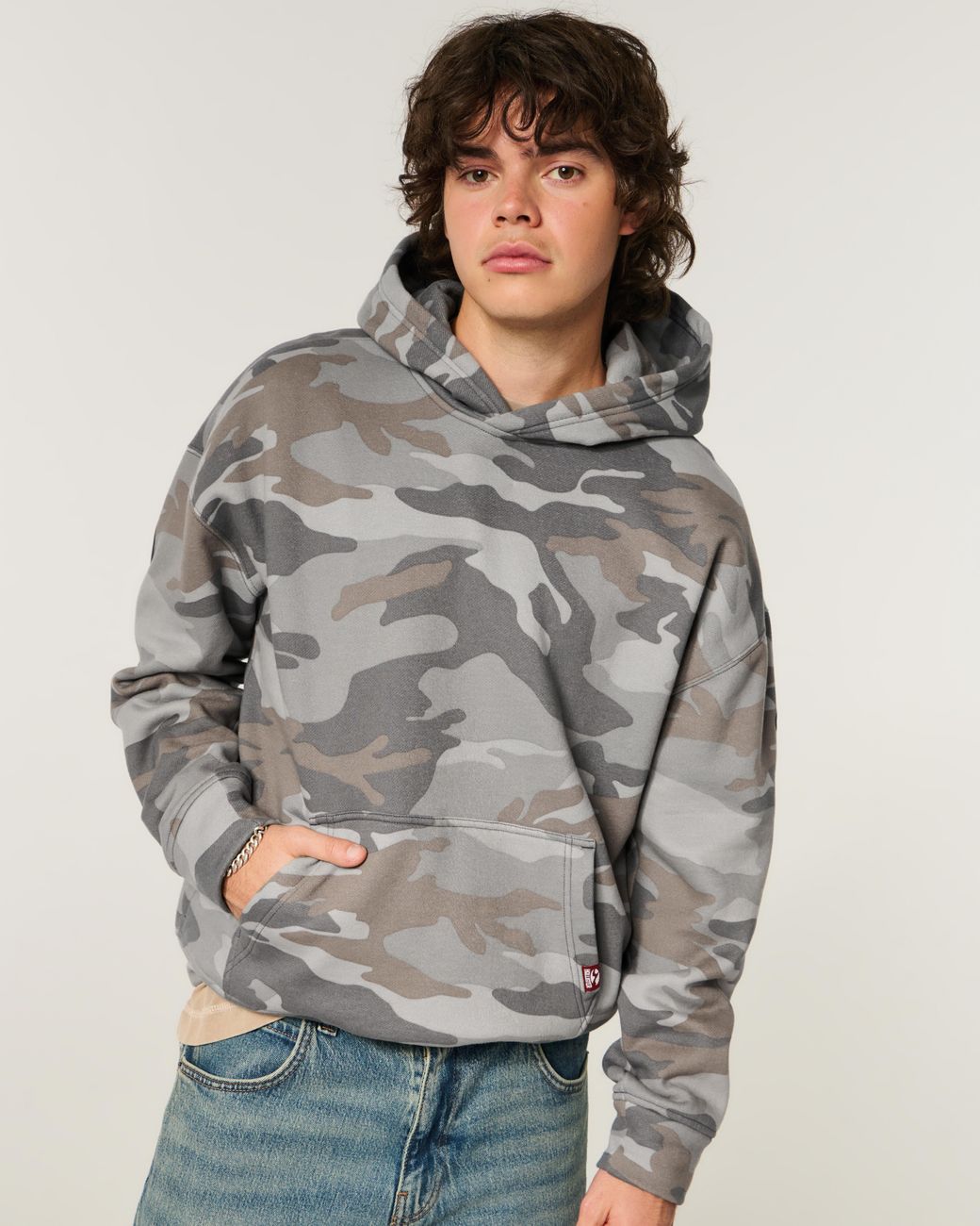 Hollister Gray Boxy Camo Logo Graphic Hoodie for men