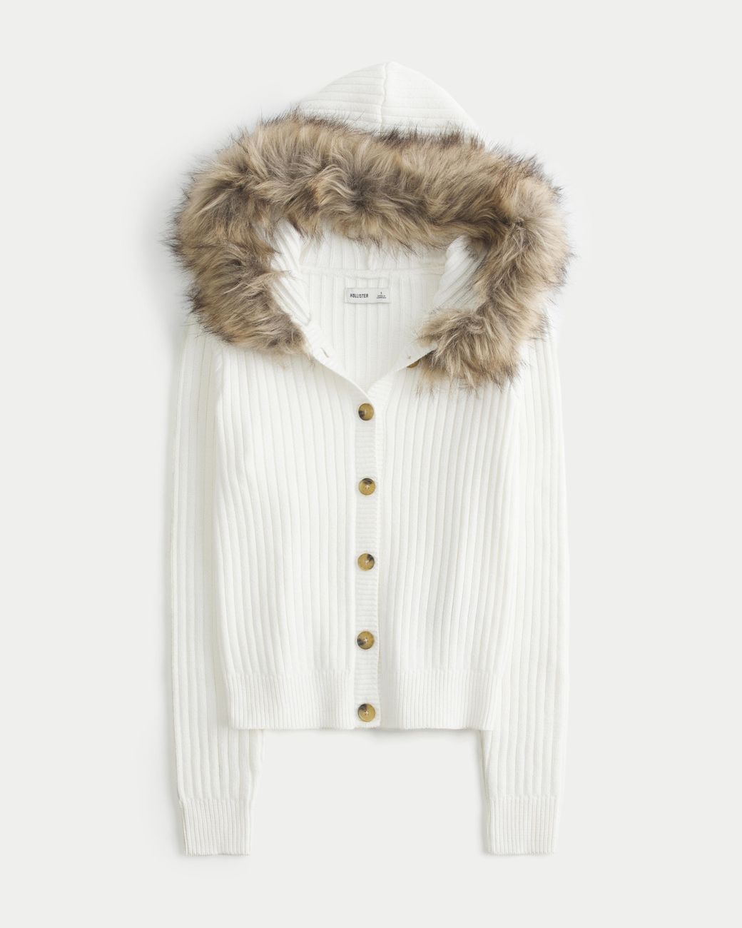 Hollister White Hooded Faux Fur Trim Cardigan