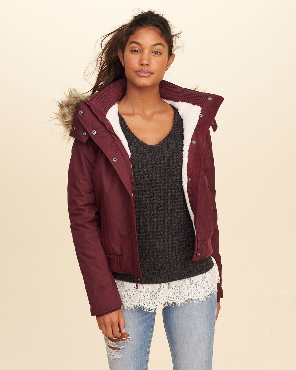 Hollister FAUX FUR-LINED ALL-WEATHER BOMBER JACKET