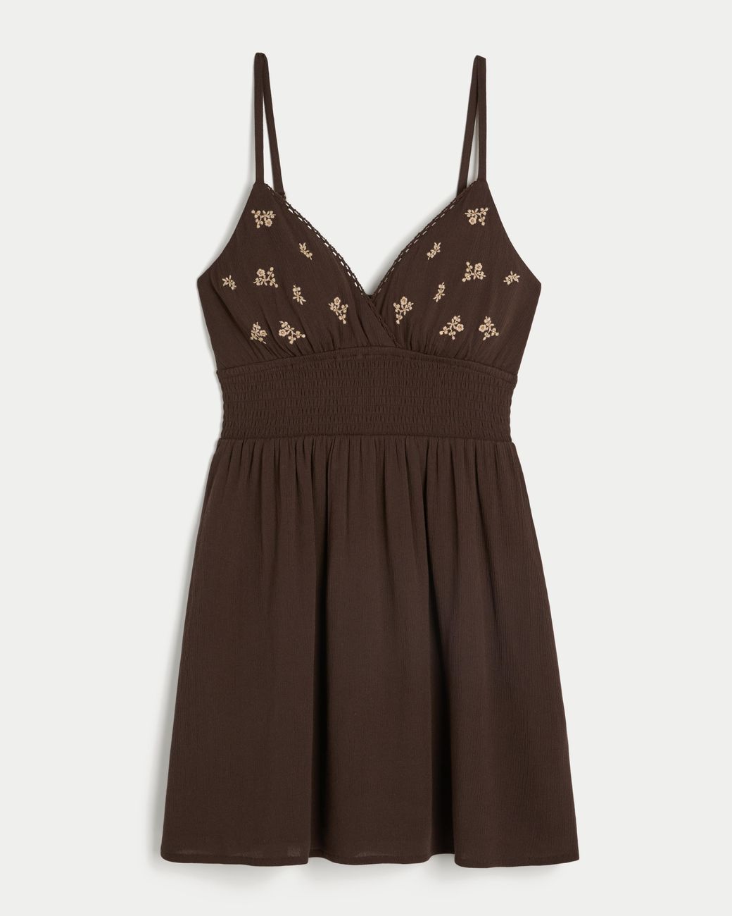 Hollister Brown Smocked Waist Embroidered Mini Dress