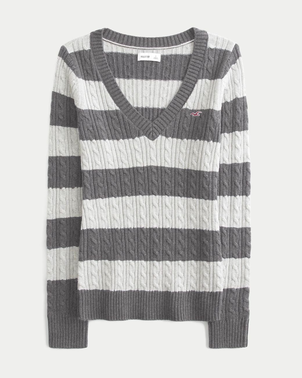 Hollister Gray Cable-knit Icon V-neck Sweater