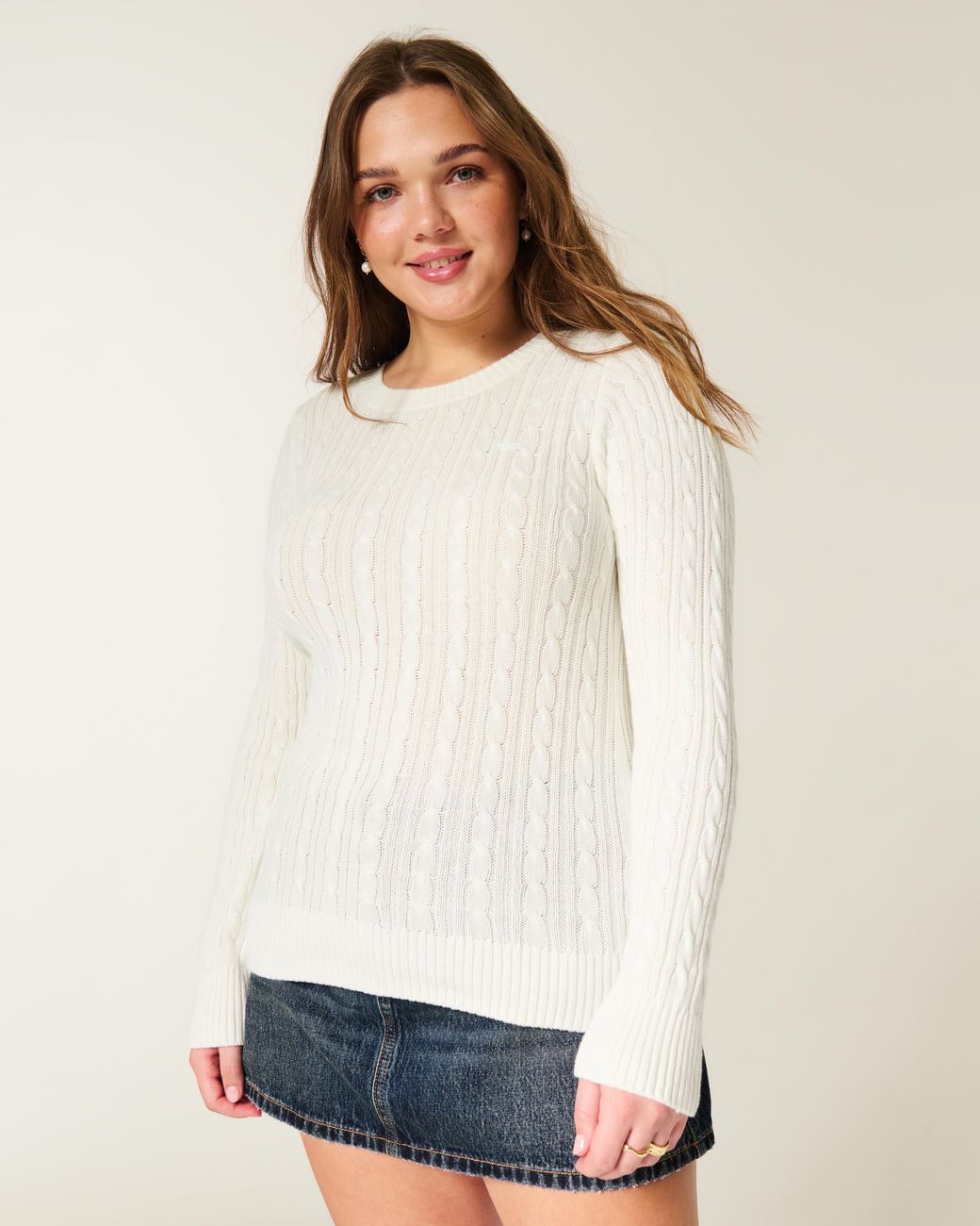 Hollister White Cable-knit Icon Crew Sweater