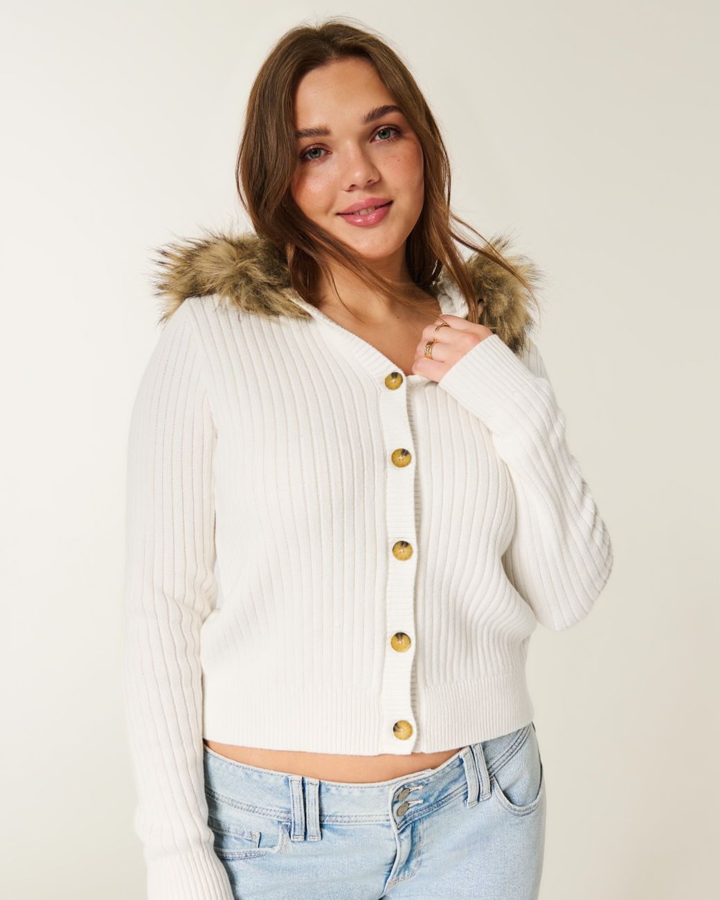 Hollister White Hooded Faux Fur Trim Cardigan