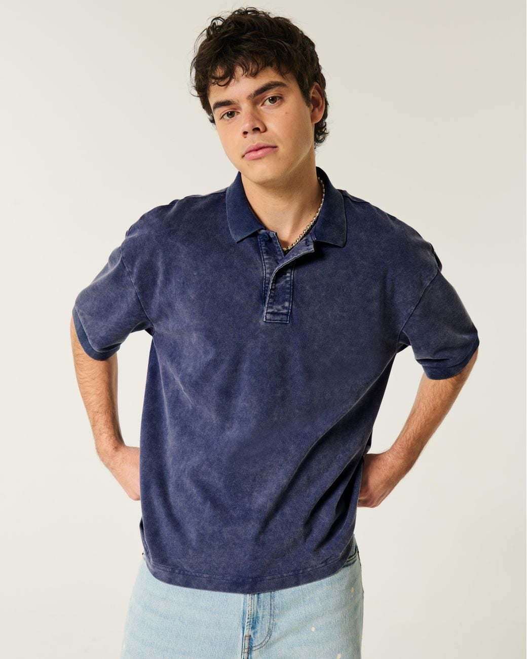 Hollister Blue Boxy Crop Washed Polo for men