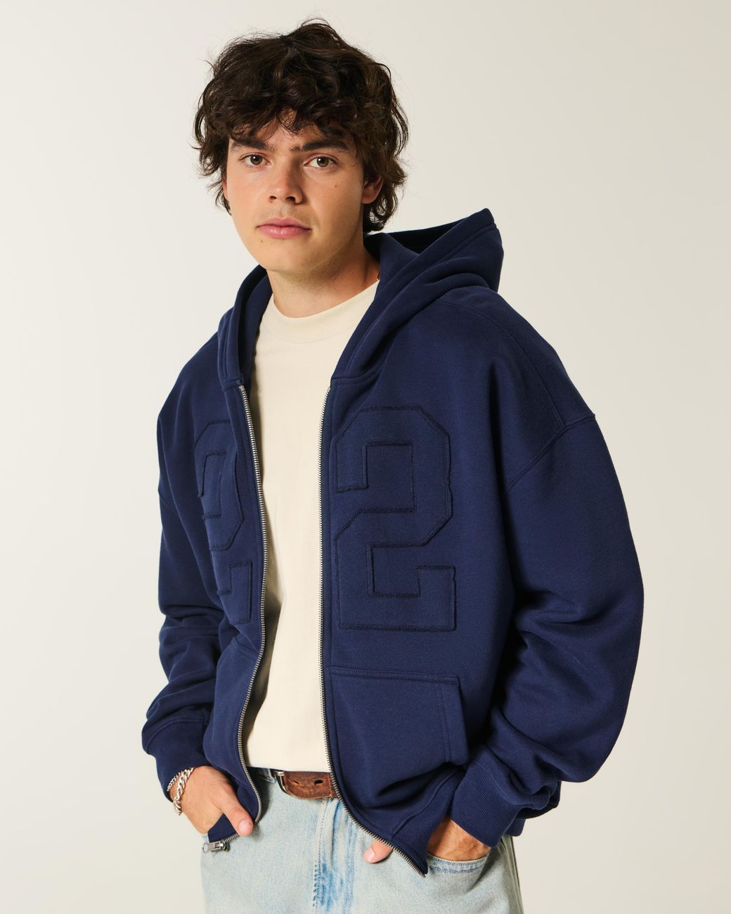 Hollister Blue Boxy Zip-up Number Graphic Hoodie for men