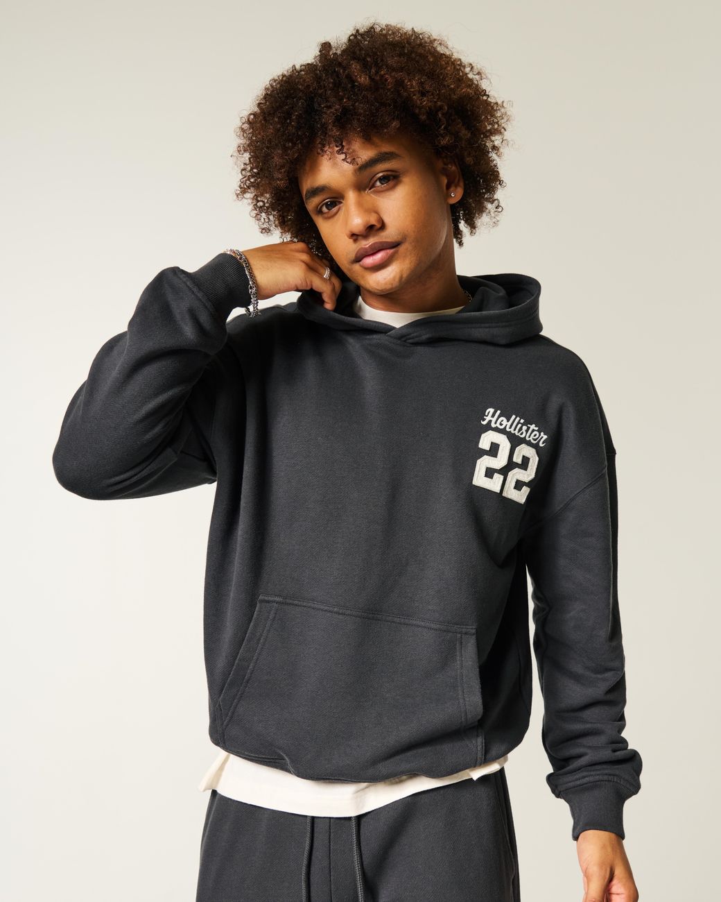 Hollister Black Boxy Terry Logo Graphic Hoodie for men