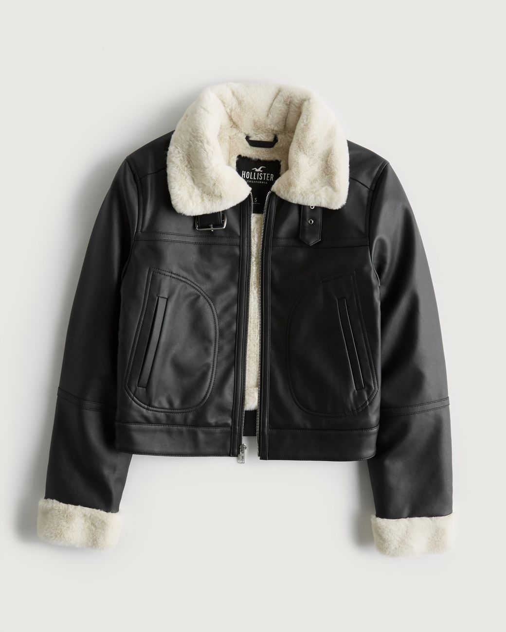 Hollister Crop Shearling Lined Faux Leather Biker Jacket in Black Lyst UK