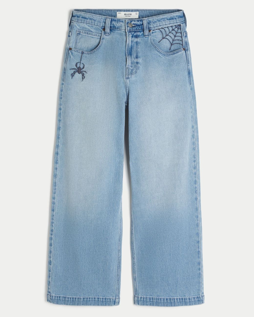 Hollister Blue Light Wash Spider Embroidery Super Baggy Jeans for men