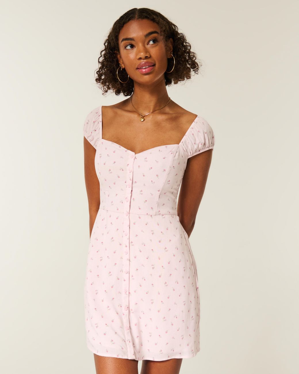 Hollister Pink Short-sleeve Button Front Mini Dress