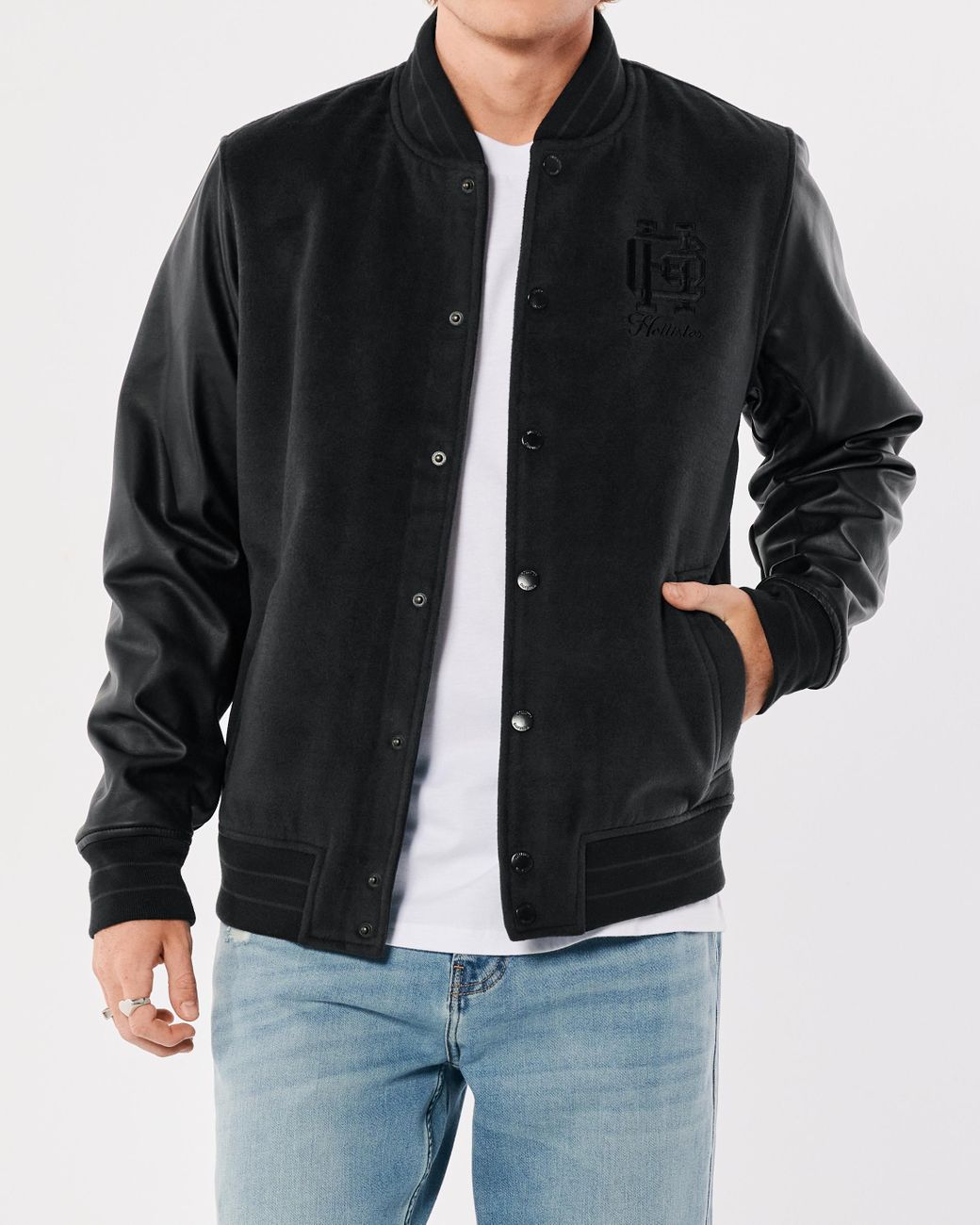 Hollister Embroidered Logo Varsity Bomber Jacket in Black for Men