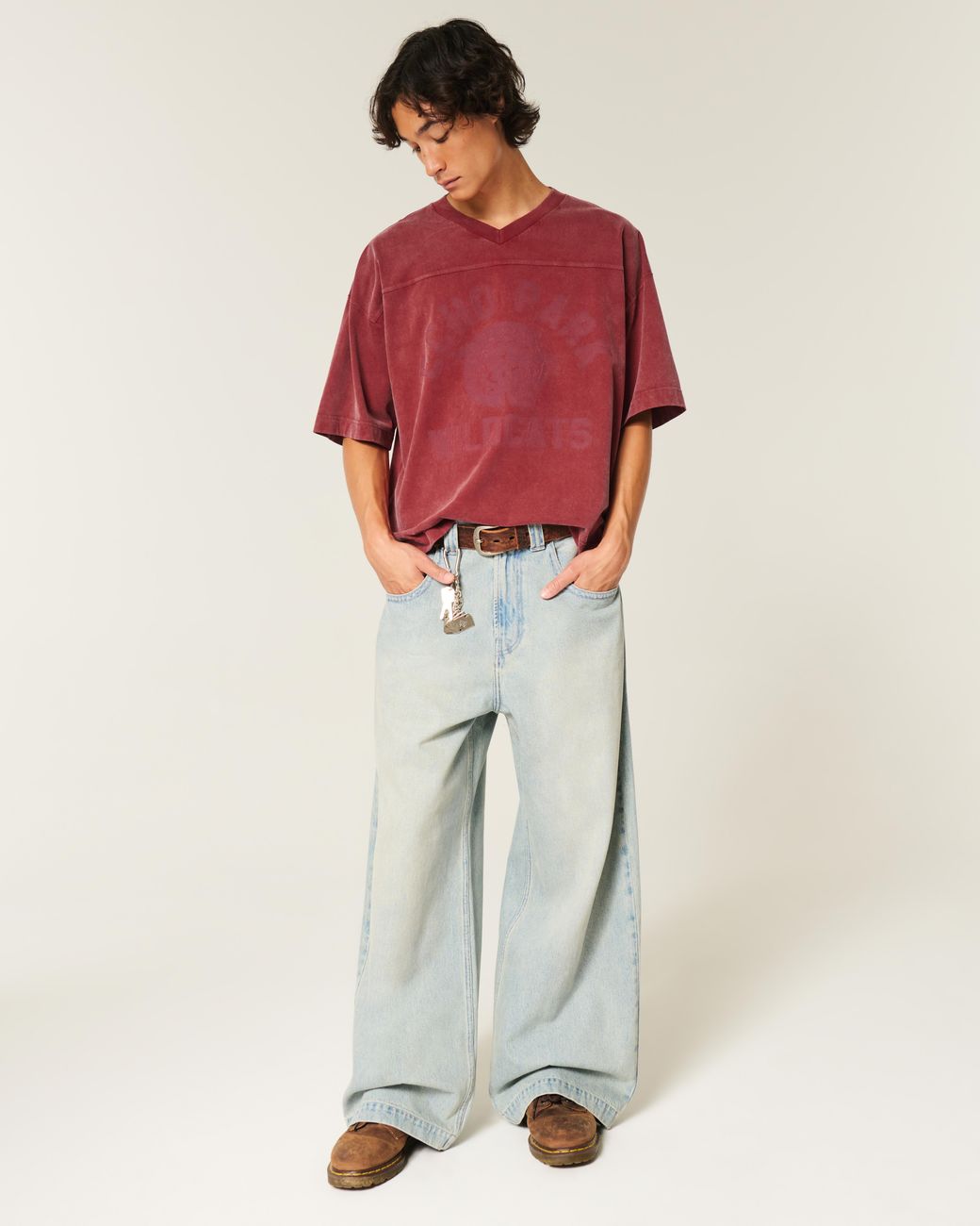 Hollister Red Heavyweight Baggy Crop Varsity Graphic Football Tee for men