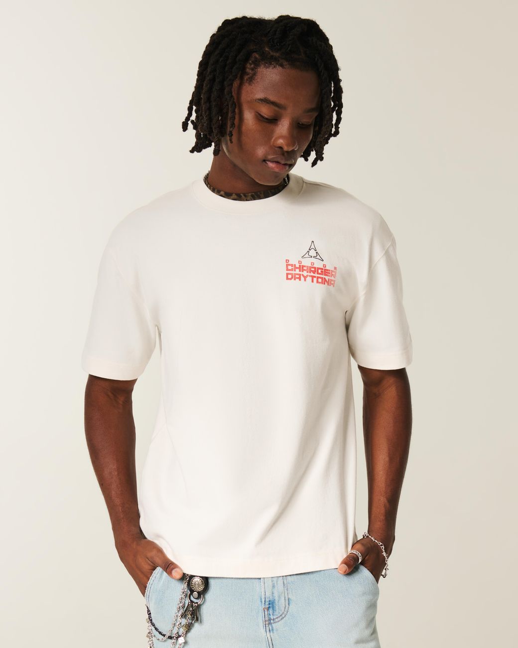 Hollister White Boxy Heavyweight Dodge Charger Daytona Graphic Tee for men