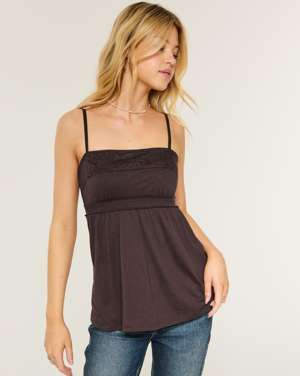 Hollister Brown Easy Lace Trim Babydoll Top