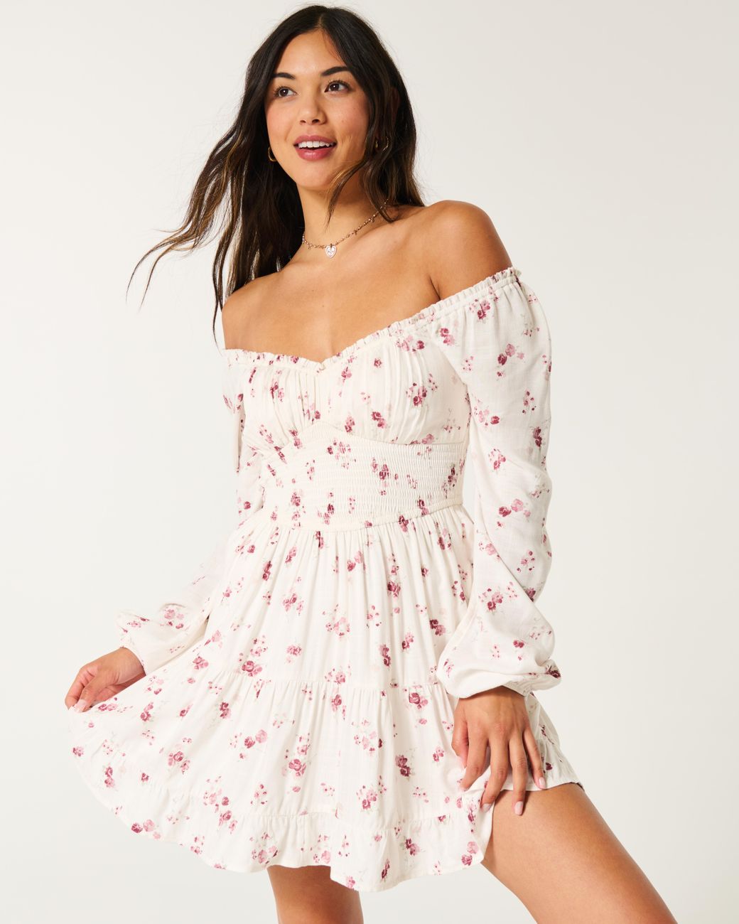 hollister off the shoulder dress Hollister off-the-shoulder milkmaid slit midi dress in white floral