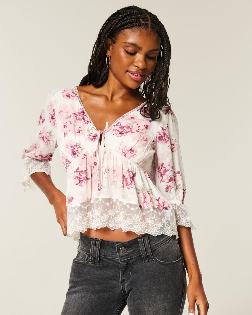 Hollister Pink Three-quarter Sleeve Babydoll Top