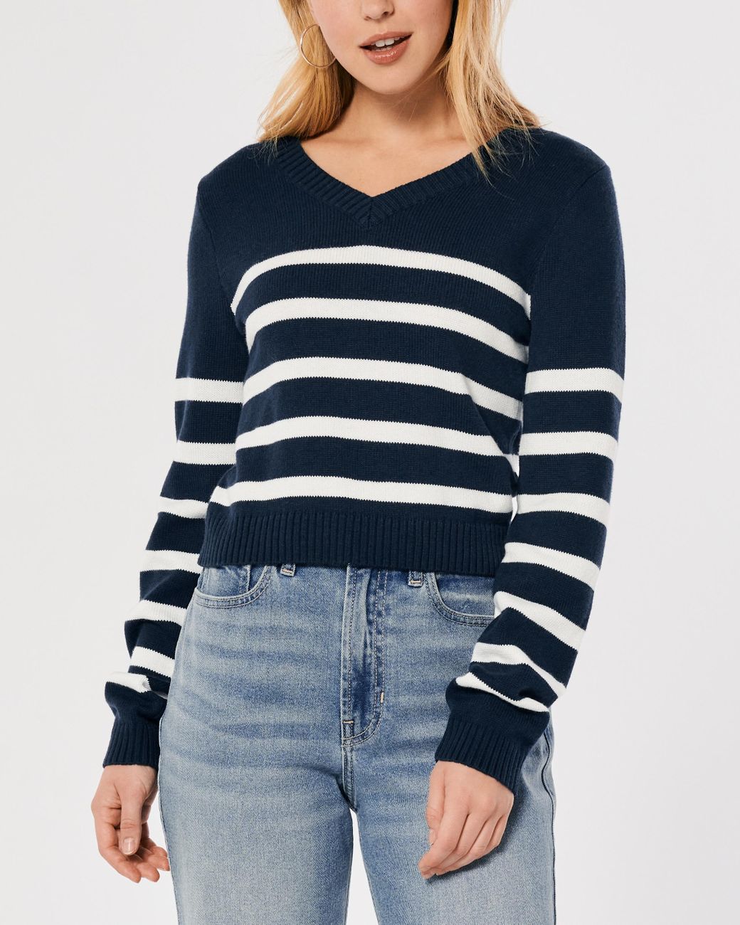Hollister Striped V-neck Sweater in Blue | Lyst UK