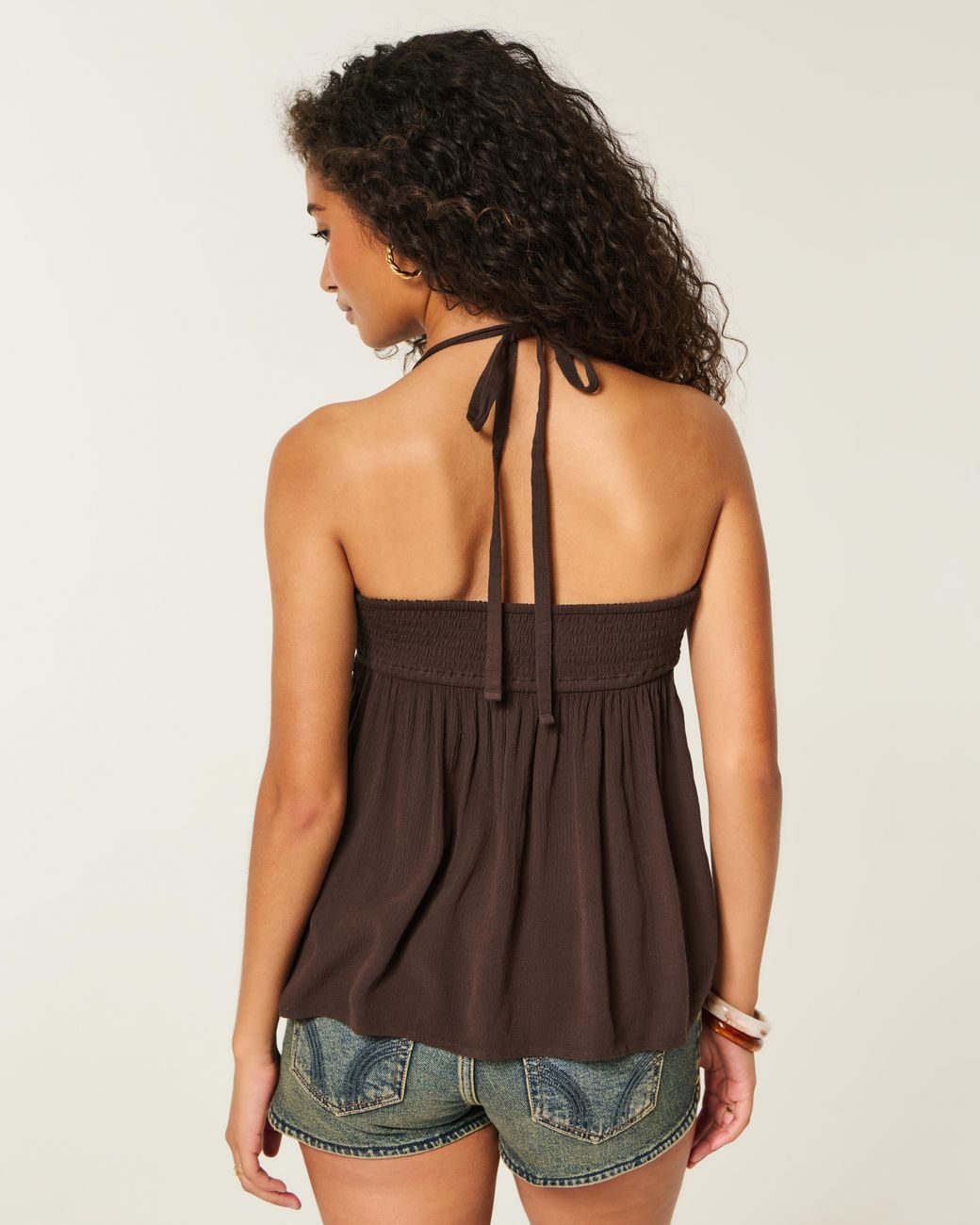 Hollister Brown Shell-embellished Halter Babydoll Top