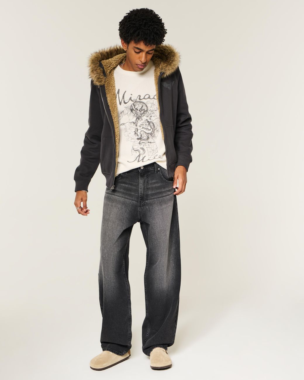 Hollister Gray Washed Black Graphic Skater Baggy Jeans for men