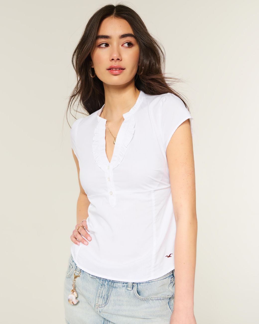 Hollister White Short-sleeve Icon Henley Shirt