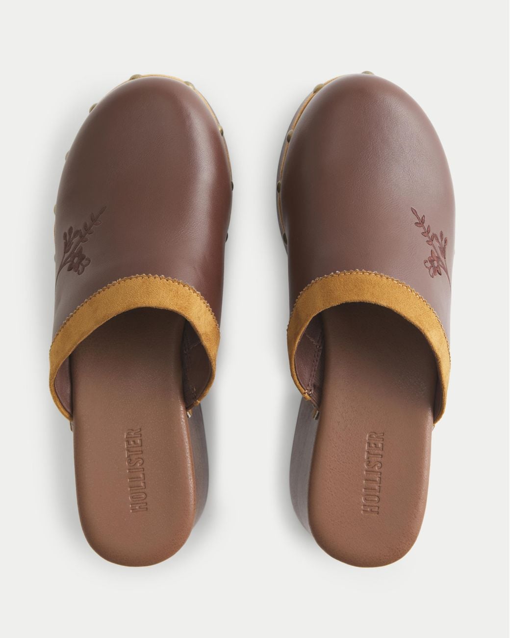 Hollister Brown Embroidered Platform Clogs