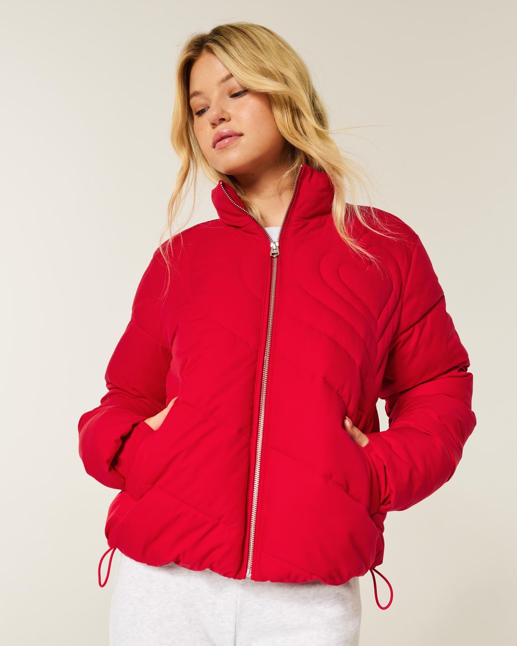 Hollister Red Zip-up Pattern Puffer Jacket