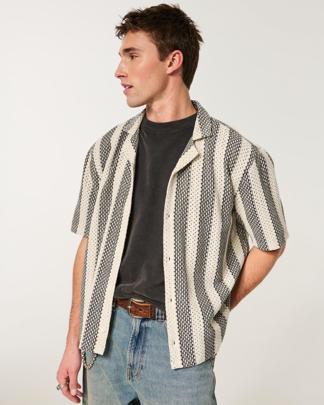 Hollister White Boxy Short-sleeve Crochet-style Shirt for men