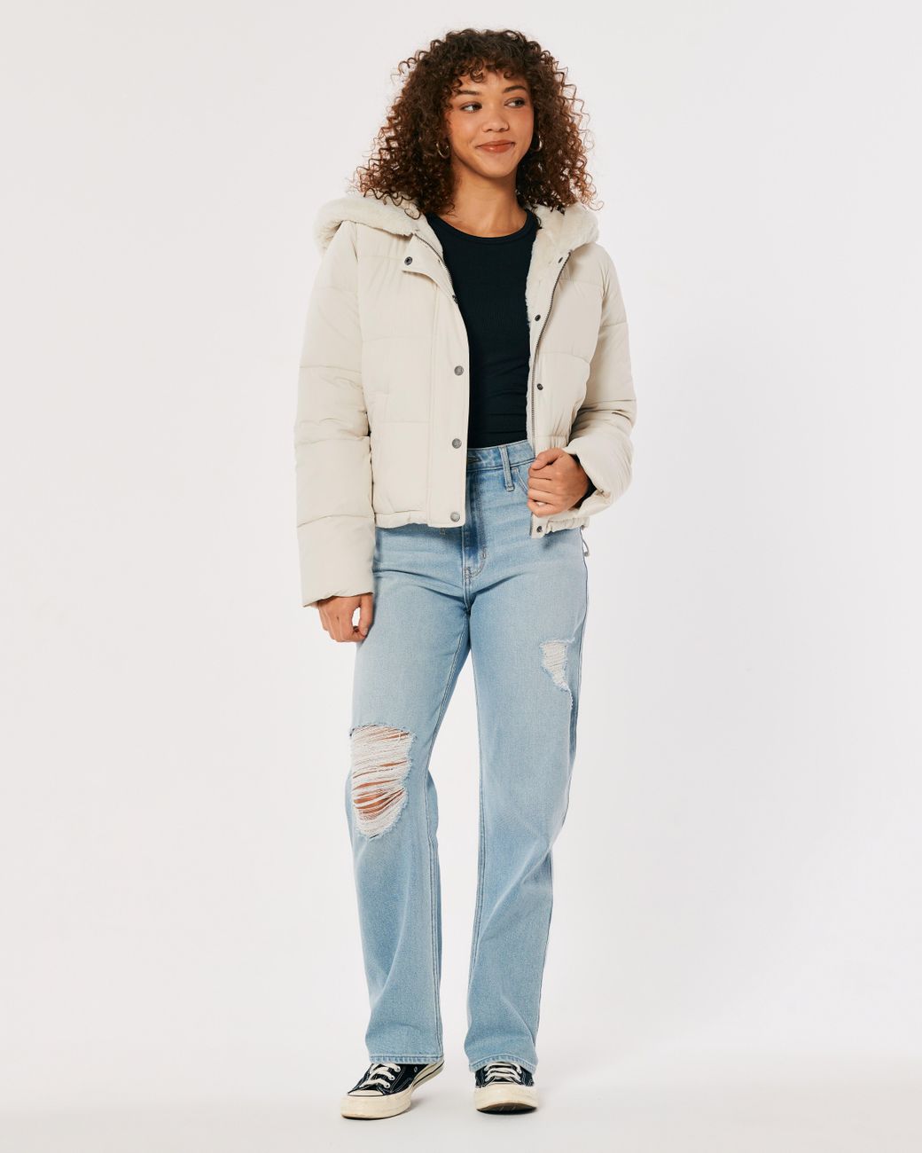 Hollister Faux Fur-lined Puffer Jacket in Natural