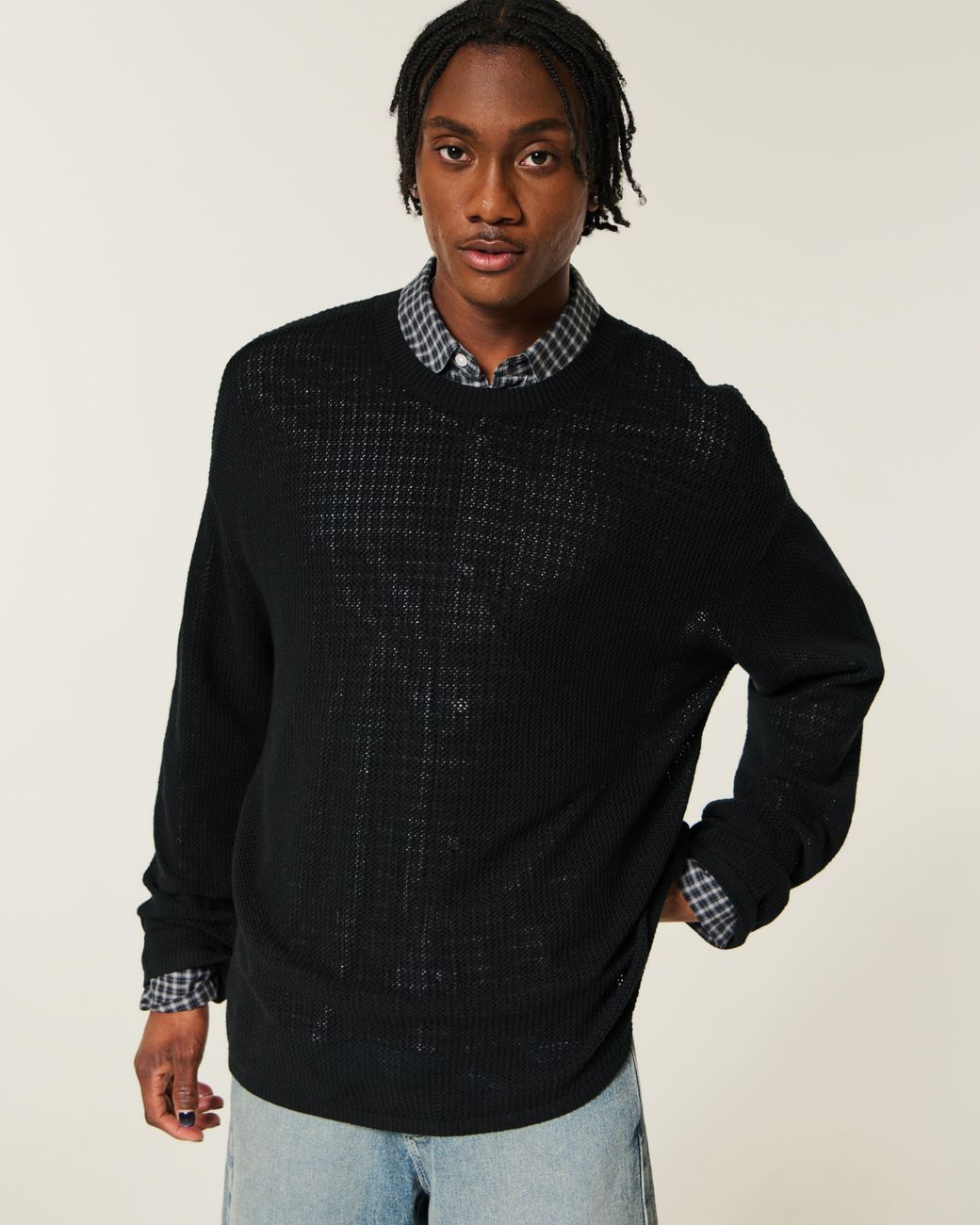 Hollister Black Boxy Crochet-style Crew Sweater for men