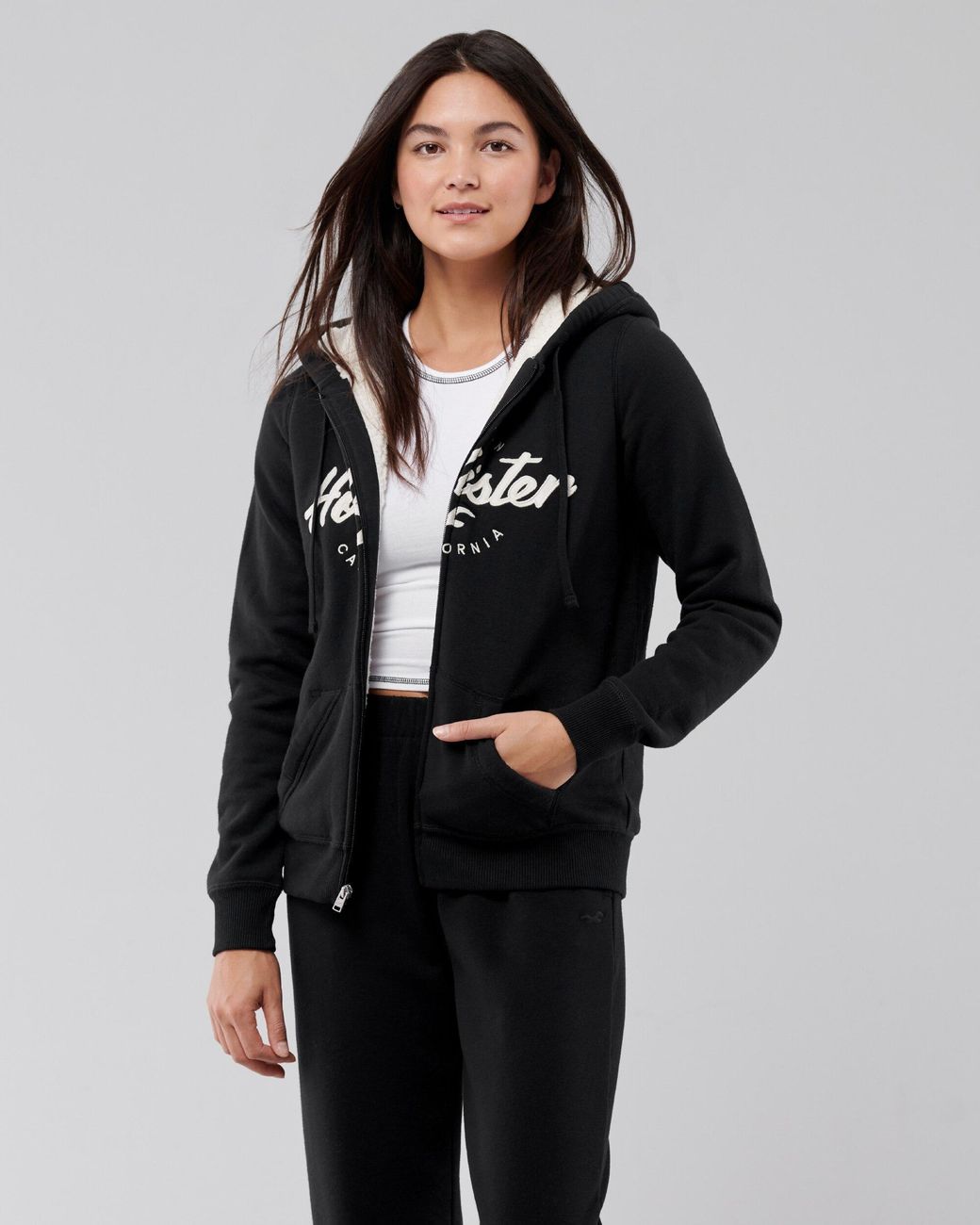 Hollister Sherpa-Lined Full-Zip Graphic Hoodie in Schwarz | Lyst DE