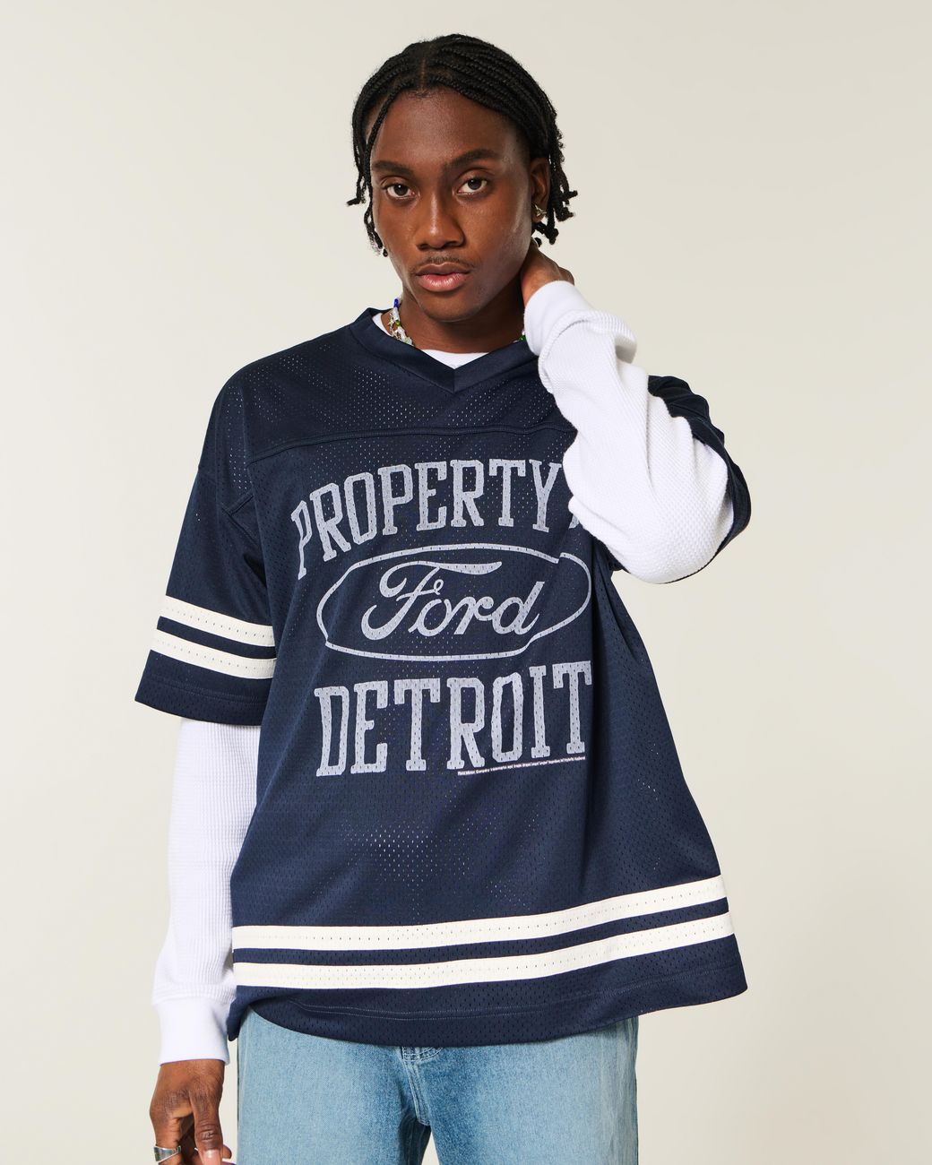 Hollister Blue Baggy Ford Graphic Football Jersey for men