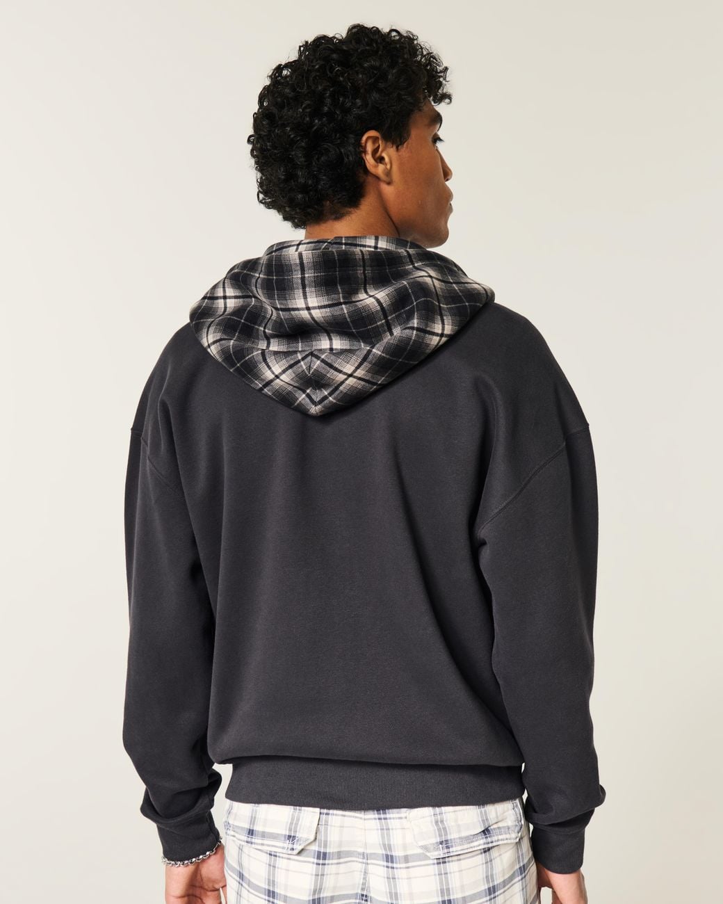 Hollister Black Boxy Zip-up Plaid Hood Logo Hoodie for men