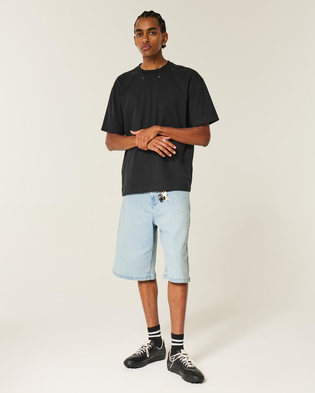 Hollister Blue Light Wash Embellished Super Baggy Denim Shorts for men
