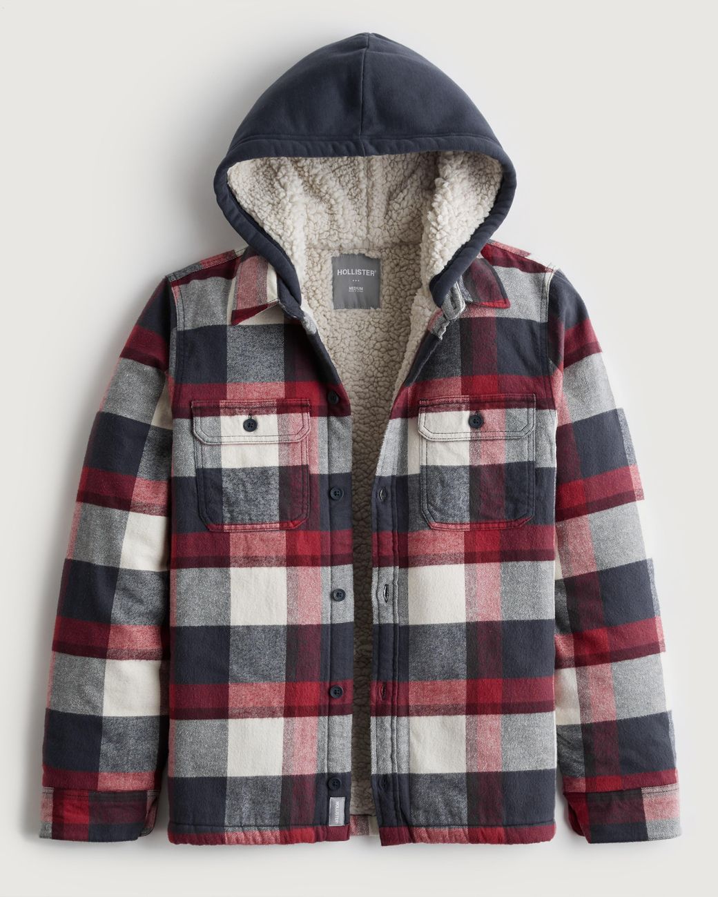 Hollister Relaxed Sherpalined Hooded Flannel Shirt Jacket in Grey for